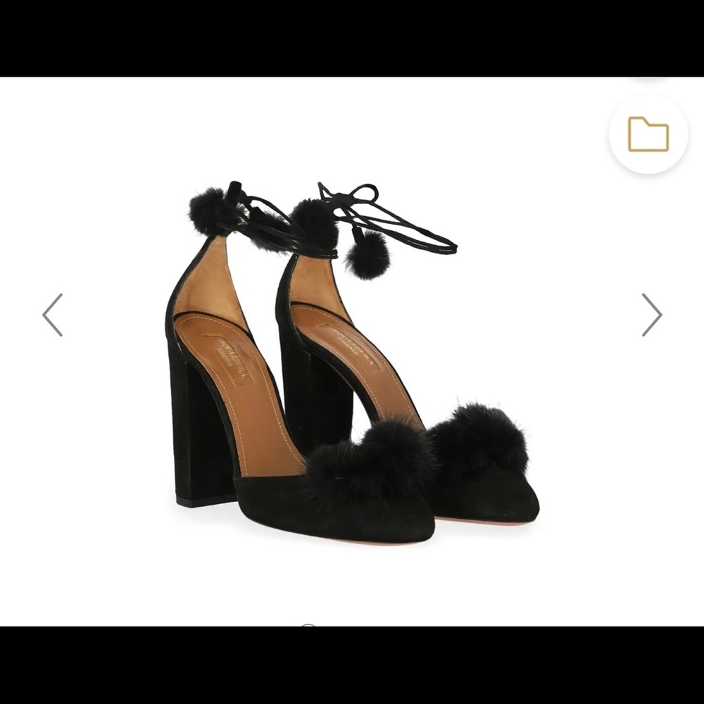 SOLD- Aquazzura black suede pom pom pumps